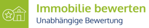 Logo oder Schaltfläche mit grünem Symbol eines Hauses und der Aufschrift „Immobilie bewerten – Unabhängige Bewertung“ in grüner und blauer Schrift.