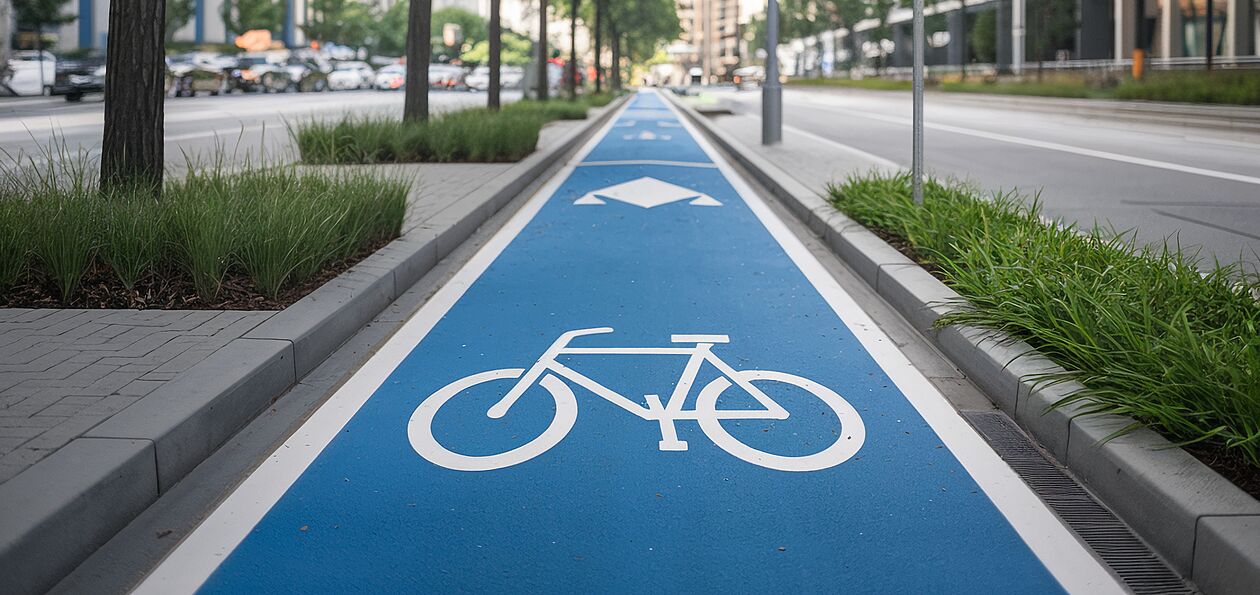 Ein moderner, breiter, blauer Fahrradweg in der Mitte einer Stadtstraße, flankiert von Bäumen und Hochhäusern, mit einem Verkehrszeichen für Radfahrer.