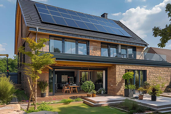Modernisiertes Einfamilienhaus im traditionellen Stil mit Ziegelfassade und großem Garten. Auf dem Dach befinden sich Solarpaneele, und im gepflegten Außenbereich laden Terrasse und Grünflächen zum Verweilen ein.
