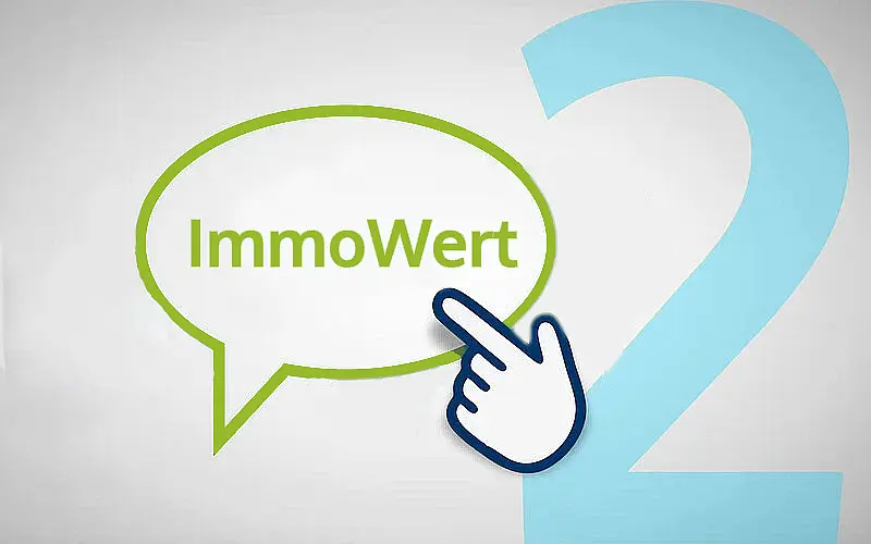 Symbolgrafik mit einer grünen Sprechblase, in der das Wort „ImmoWert“ steht. Eine stilisierte Hand zeigt auf die Sprechblase. Im Hintergrund ist eine große, transparente Zahl „2“ zu sehen – als Teil einer Schritt-für-Schritt-Darstellung.