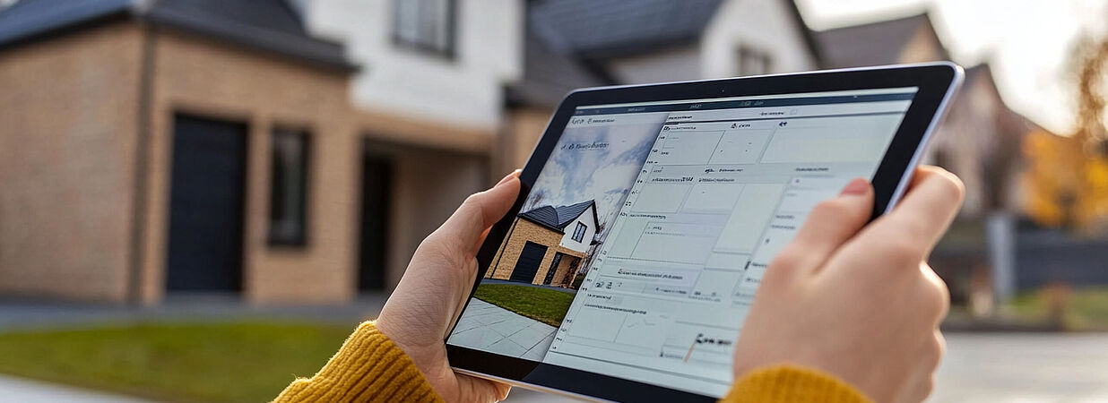 Tablet zeigt digitale Immobilienbewertung vor einem modernen Wohnhaus im Hintergrund.