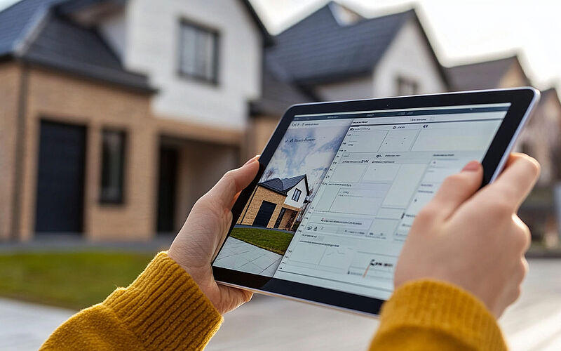 Tablet zeigt digitale Immobilienbewertung vor einem modernen Wohnhaus im Hintergrund.