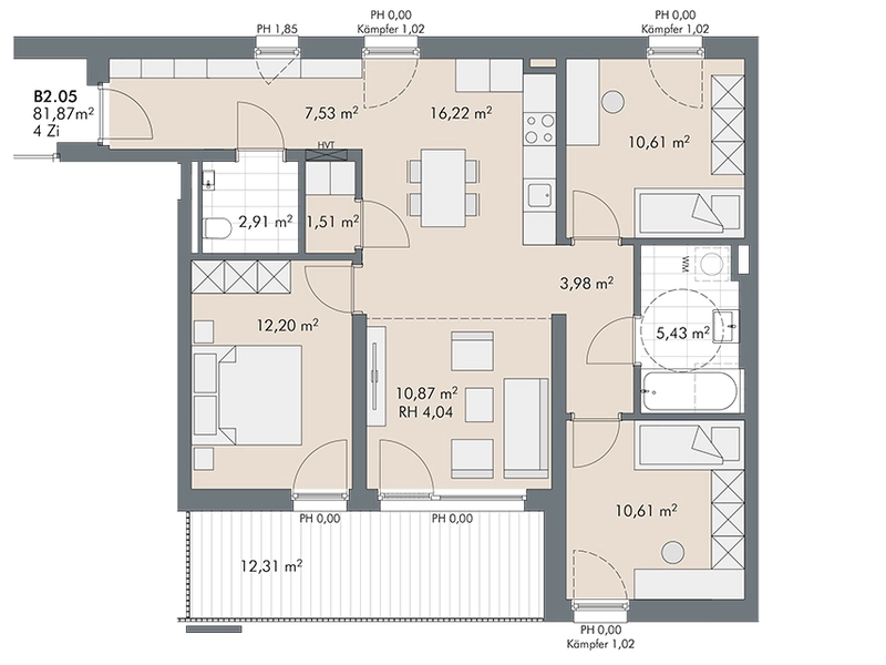 Klare Einteilung & Wohnraum mit Loftfeeling: 4-Zimmer Wohnung mit Balkon (Top B2.5)