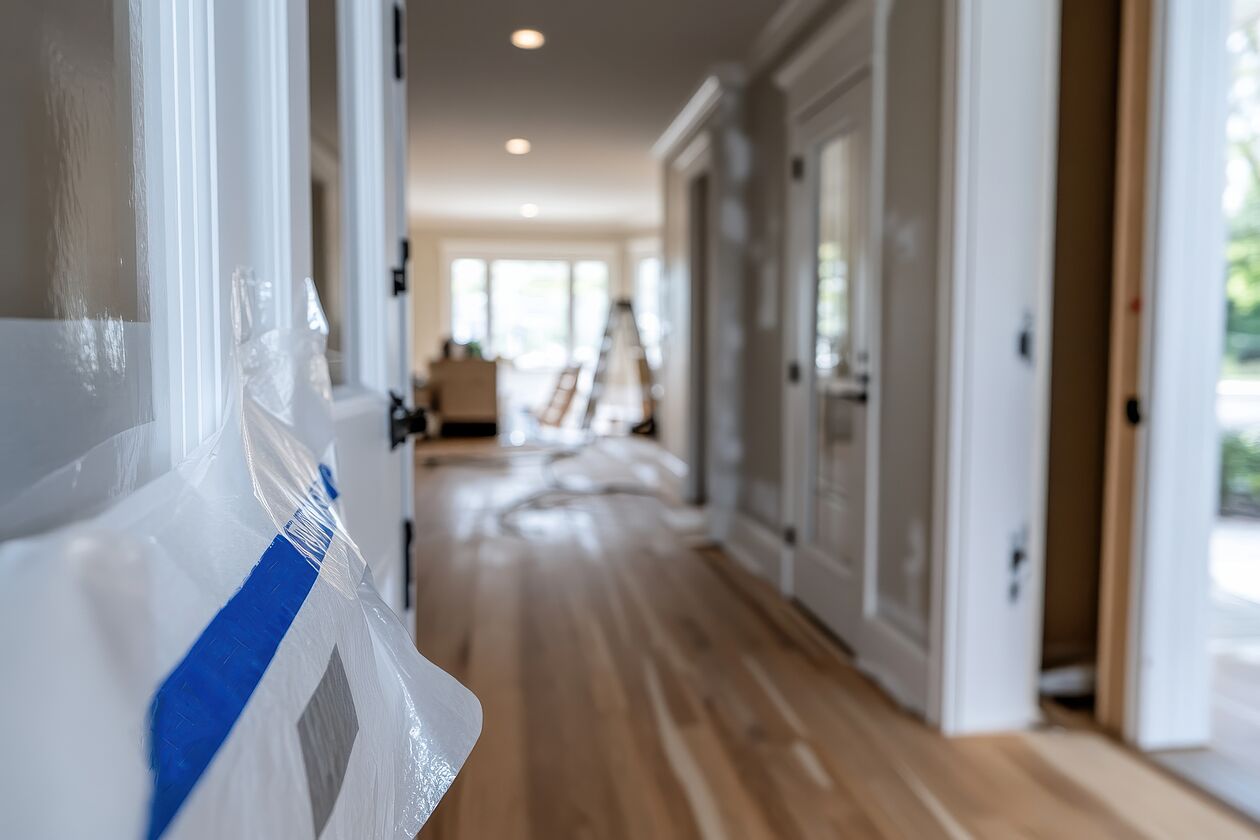 Ein heller Flur eines Hauses während Renovierungsarbeiten, mit Schutzfolien und Werkzeugen.