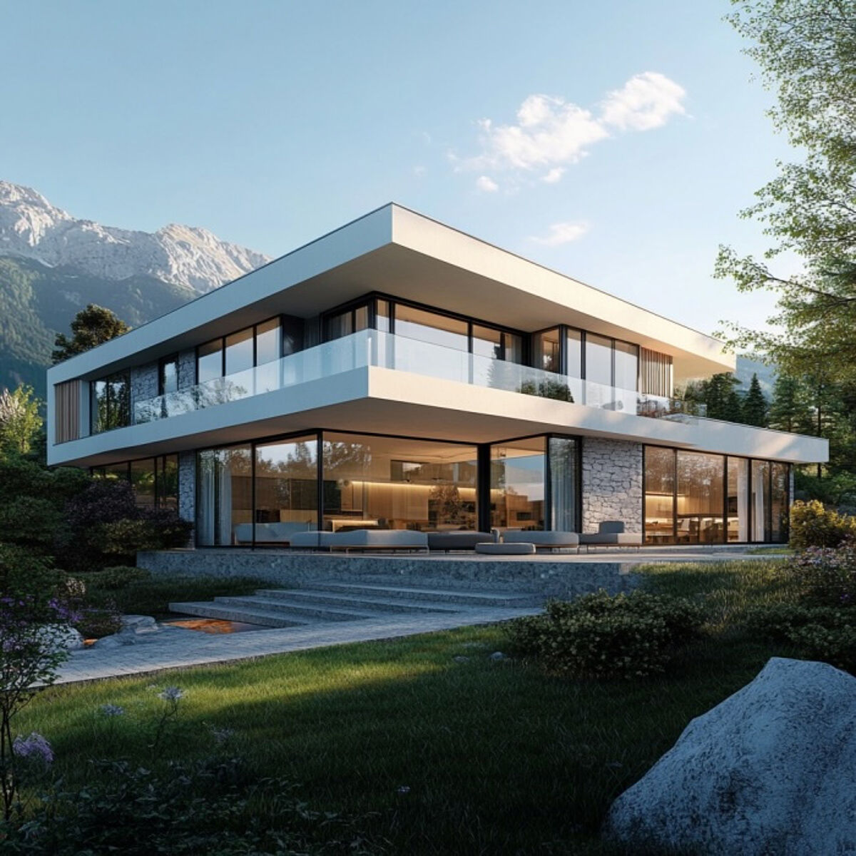 Modernes, zweistöckiges Einfamilienhaus mit großen Glasfronten und klarer Architektur, eingebettet in eine grüne Landschaft mit Bergkulisse im Hintergrund. Die Abendsonne sorgt für eine warme Lichtstimmung.